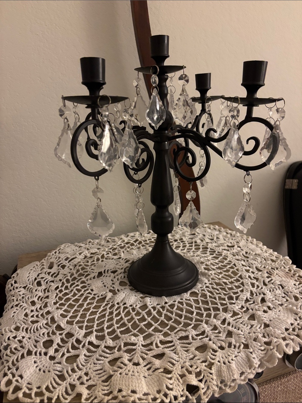 Black Metal Candelabra with Crystal Pendants